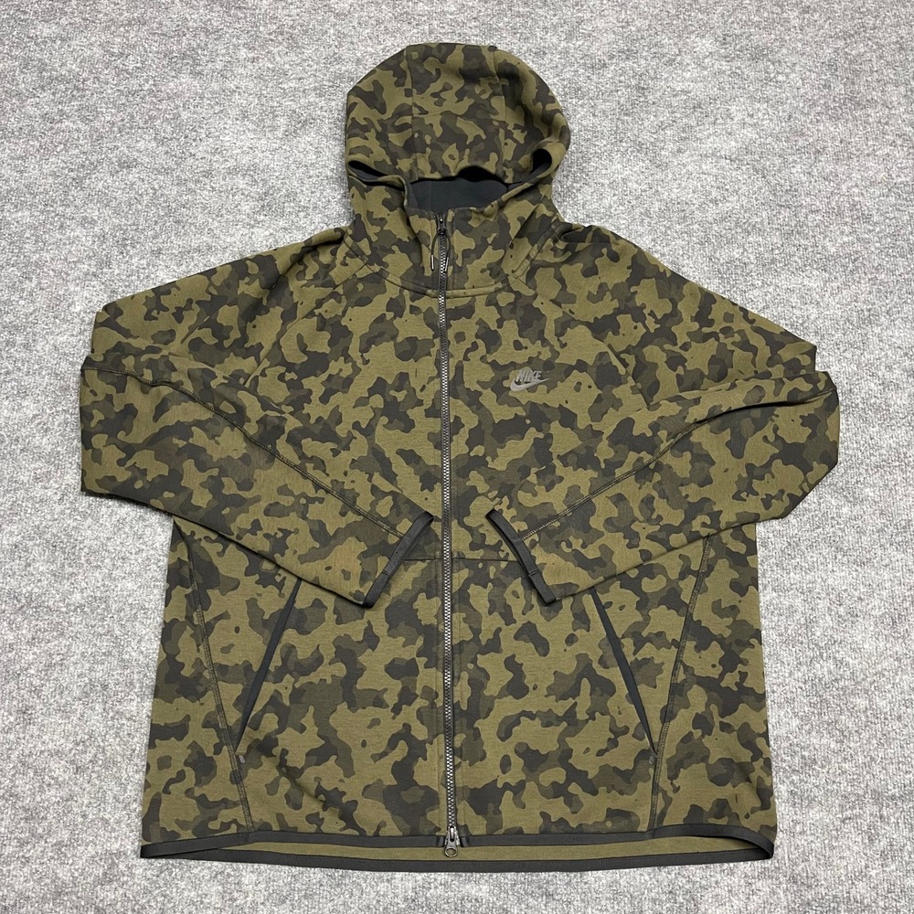 Nike Jacket Mens XL Olive Green Camo Hoodie Tech Fleece Full Zip Outdoor Hiking